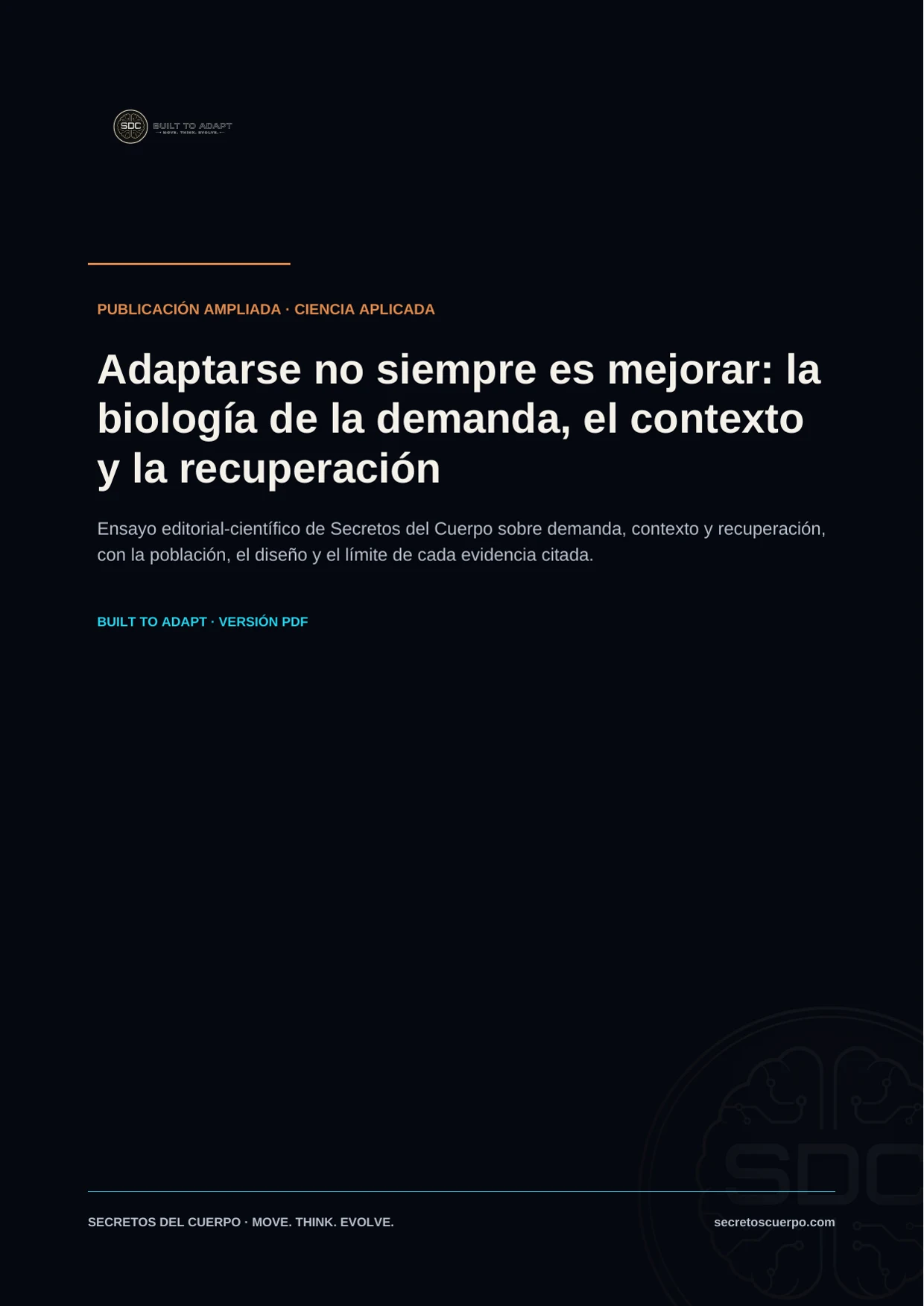 Portada editorial de Secretos del Cuerpo para «Adaptarse no siempre es mejorar», con identidad Built to Adapt.