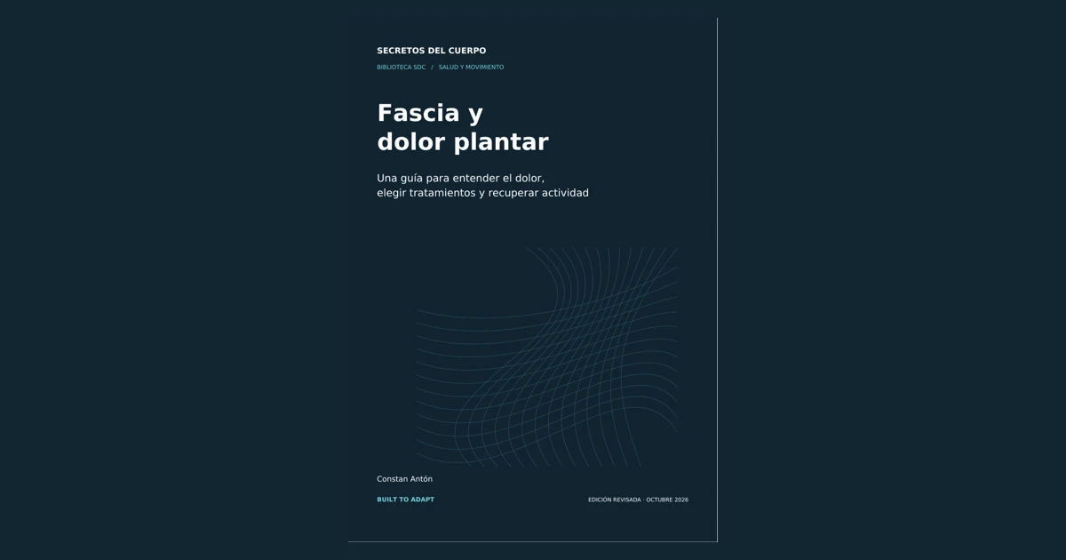 Portada de Secretos del Cuerpo «Fascia y dolor plantar», con una malla de líneas sobre fondo oscuro