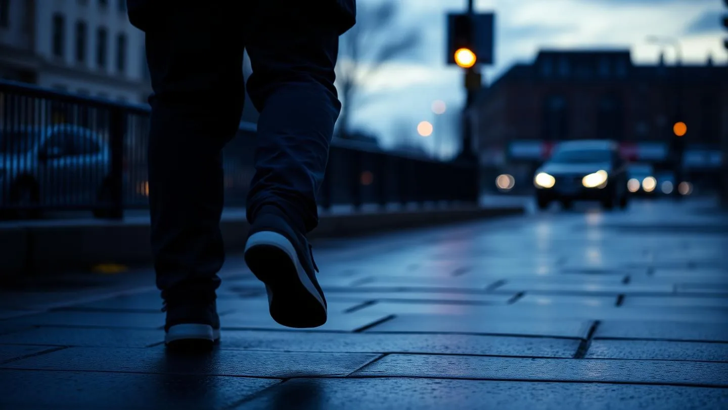 Piernas de una persona adulta caminando a paso vivo sobre un pavimento urbano mojado al anochecer.