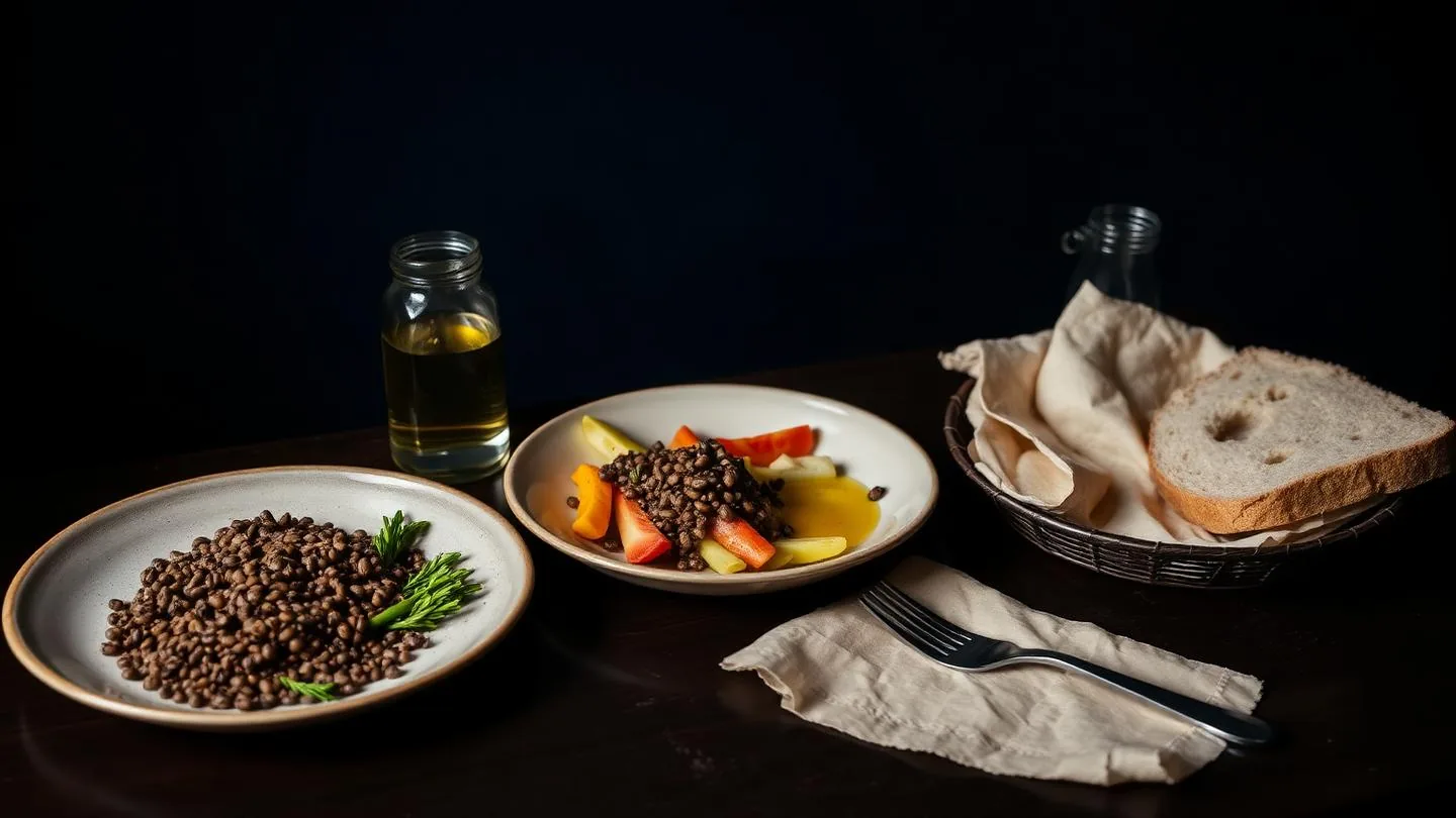 Cena doméstica sencilla sobre mesa oscura: legumbres, verduras, aceite de oliva, pan y agua en platos corrientes.