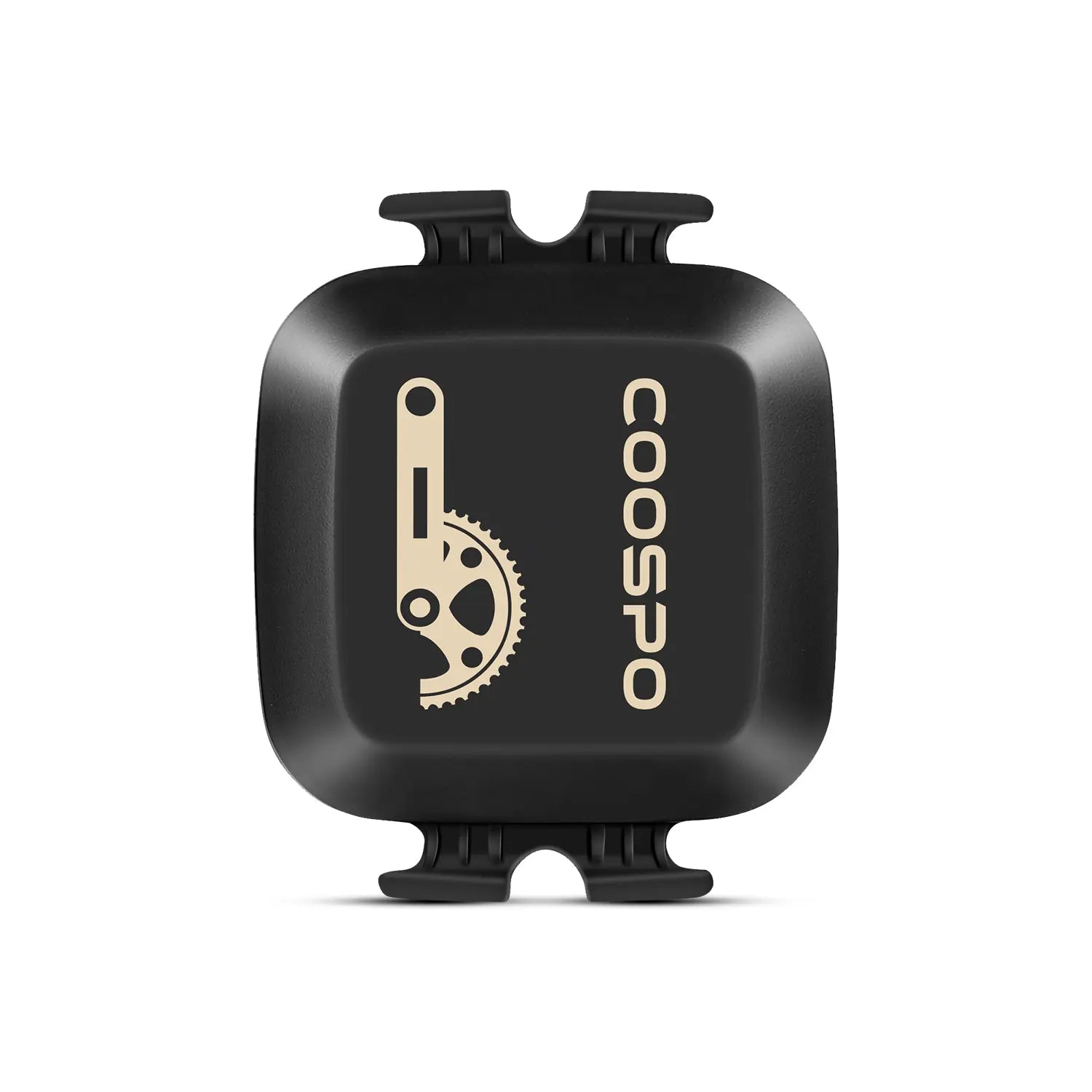Sensor COOSPO BK467 de velocidad y cadencia, cuerpo negro con la marca impresa y las pestañas laterales para la goma de montaje.