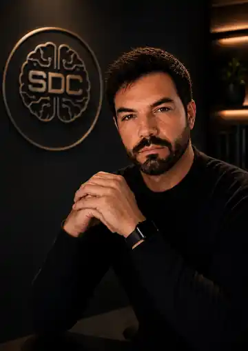 Constan, creador de Secretos del Cuerpo, ante el logotipo SDC.